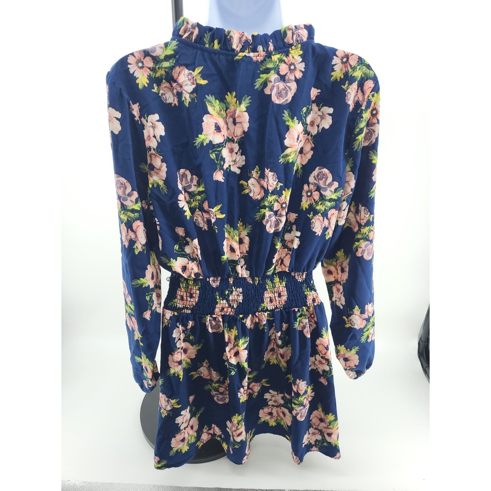 205 Collins Womens XL Navy Blue Floral Smocked Waist Ruffle Neck Mini Dress - Picture 3 of 6